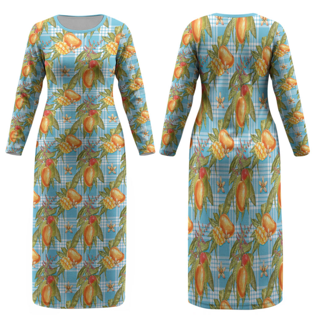 Vintage Hawaii Mango Family Matching Long Sleeve Bodycon Dress and Hawaiian Shirt Blue Hawaiian Palaka LT05 Mom's Dress Blue - Polynesian Pride