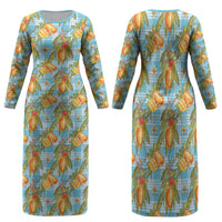 Vintage Hawaii Mango Family Matching Long Sleeve Bodycon Dress and Hawaiian Shirt Blue Hawaiian Palaka LT05 Mom's Dress Blue - Polynesian Pride