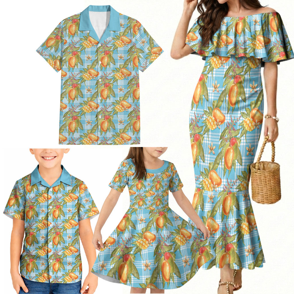 Vintage Hawaii Mango Family Matching Mermaid Dress and Hawaiian Shirt Blue Hawaiian Palaka
