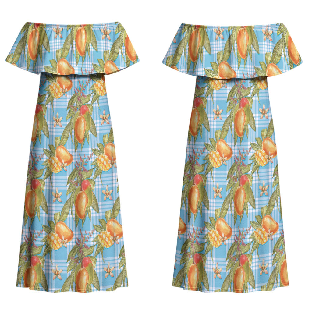 Vintage Hawaii Mango Family Matching Off Shoulder Maxi Dress and Hawaiian Shirt Blue Hawaiian Palaka
