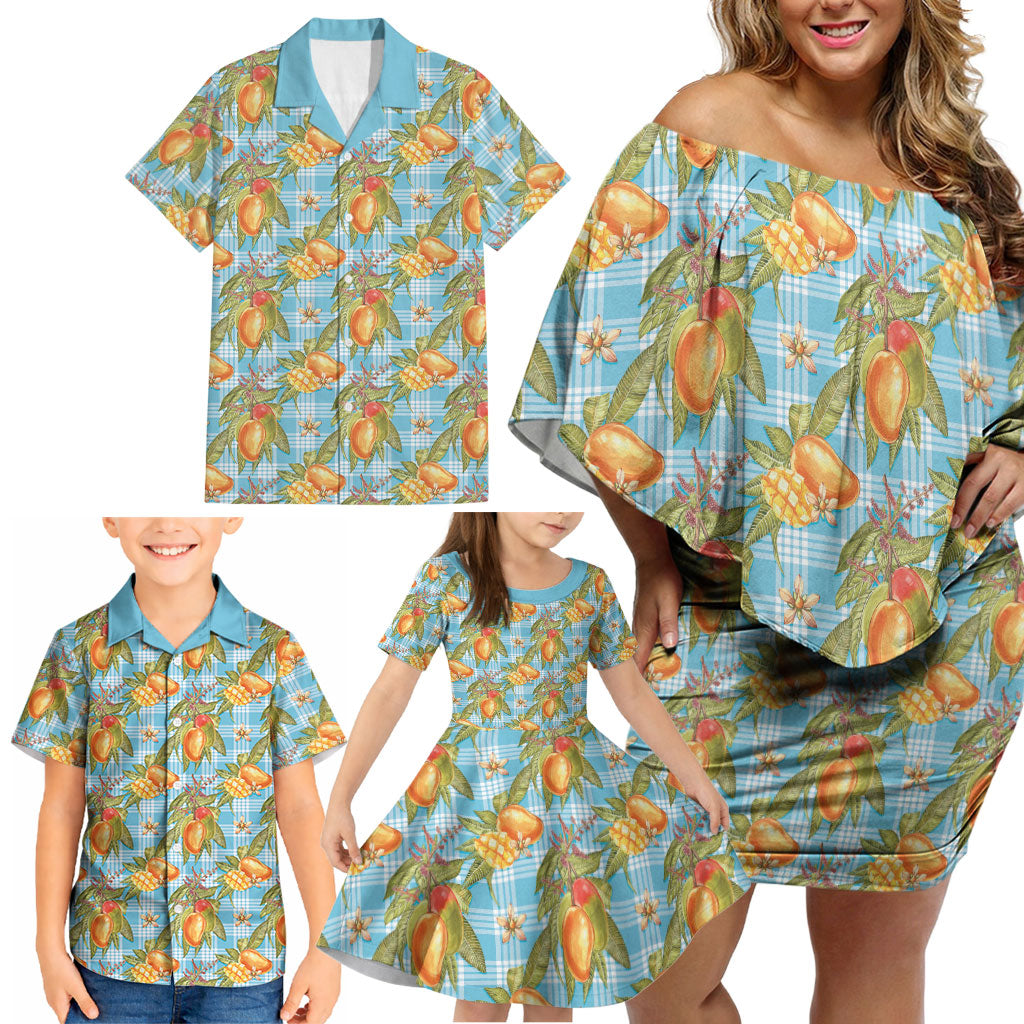 Vintage Hawaii Mango Family Matching Off Shoulder Short Dress and Hawaiian Shirt Blue Hawaiian Palaka