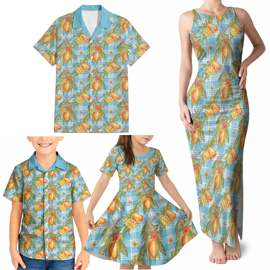 Vintage Hawaii Mango Family Matching Tank Maxi Dress and Hawaiian Shirt Blue Hawaiian Palaka
