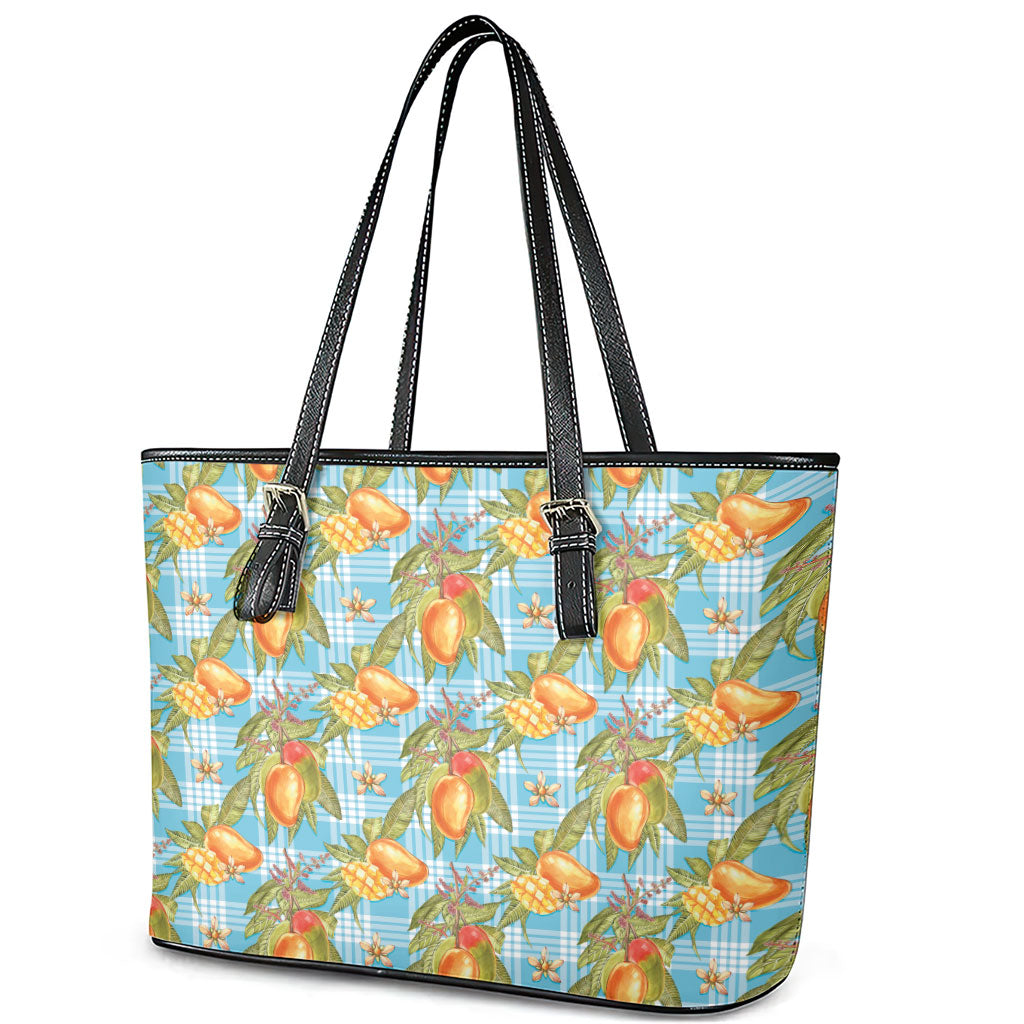 Vintage Hawaii Mango Leather Tote Bag Blue Hawaiian Palaka