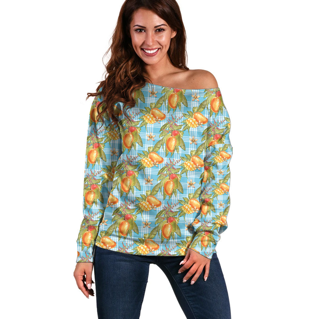 Vintage Hawaii Mango Off Shoulder Sweater Blue Hawaiian Palaka