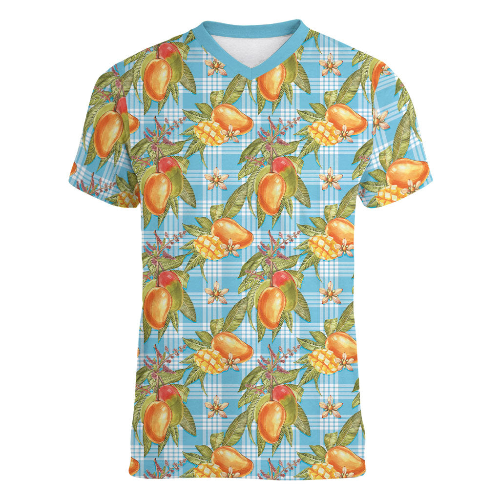 Vintage Hawaii Mango Women V-Neck T-Shirt Blue Hawaiian Palaka