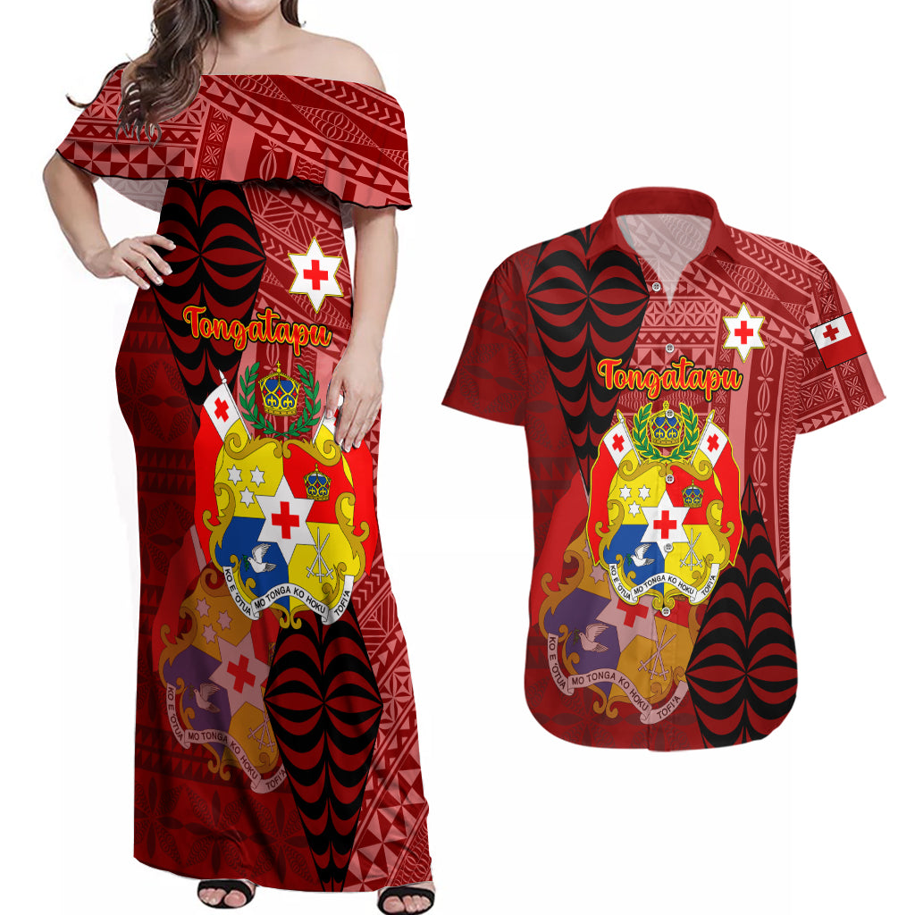 Personalized Tonga Couples Matching Off Shoulder Maxi Dress and Hawaiian Shirt Coat Of Arms Tongatapu With Ngatu Pattern LT05 Red - Polynesian Pride