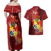 Personalized Tonga Couples Matching Off Shoulder Maxi Dress and Hawaiian Shirt Coat Of Arms Tongatapu With Ngatu Pattern LT05 - Polynesian Pride
