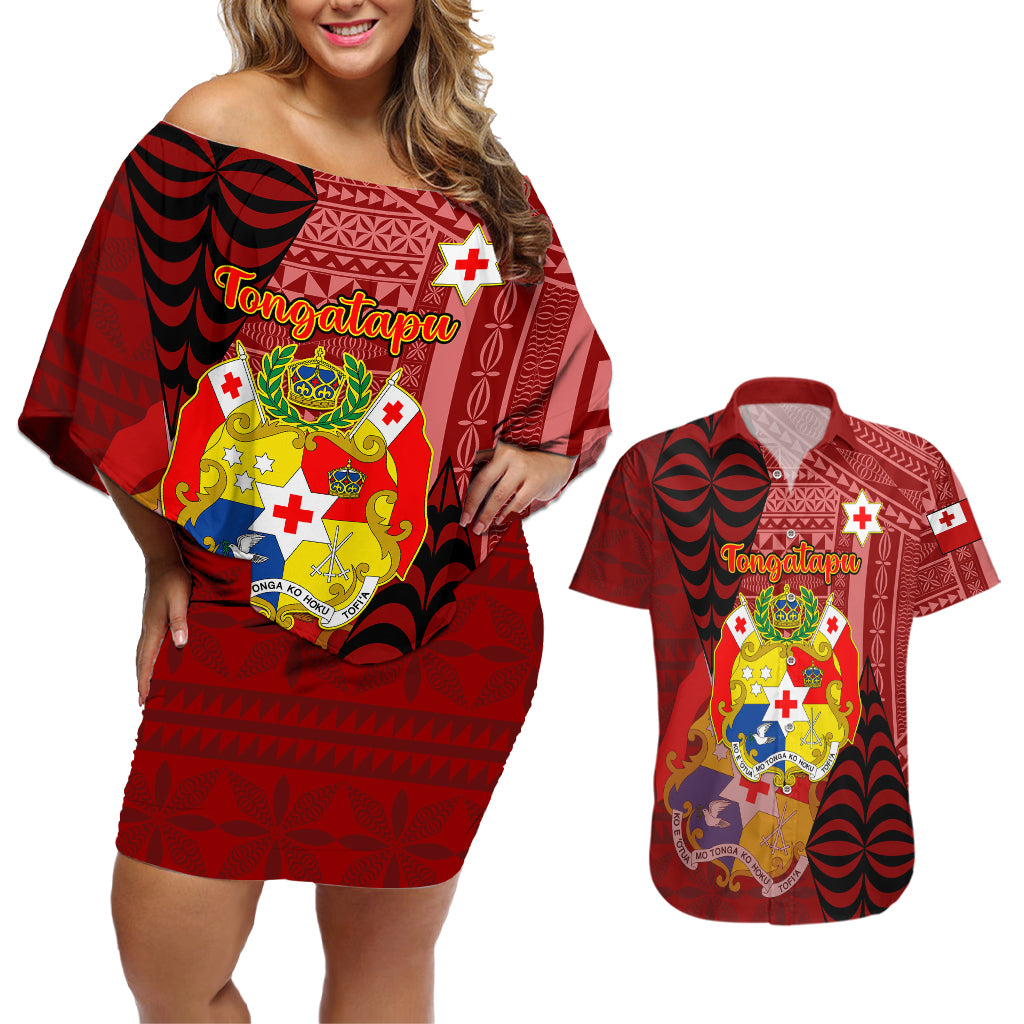 Personalized Tonga Couples Matching Off Shoulder Short Dress and Hawaiian Shirt Coat Of Arms Tongatapu With Ngatu Pattern LT05 Red - Polynesian Pride