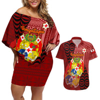 Personalized Tonga Couples Matching Off Shoulder Short Dress and Hawaiian Shirt Coat Of Arms Tongatapu With Ngatu Pattern LT05 Red - Polynesian Pride
