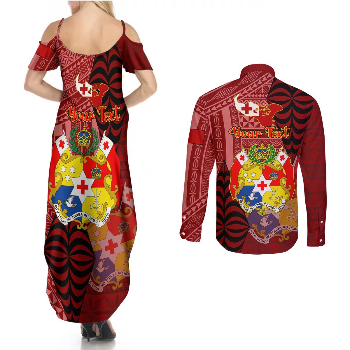 Personalized Tonga Couples Matching Summer Maxi Dress and Long Sleeve Button Shirts Coat Of Arms Tongatapu With Ngatu Pattern LT05 - Polynesian Pride