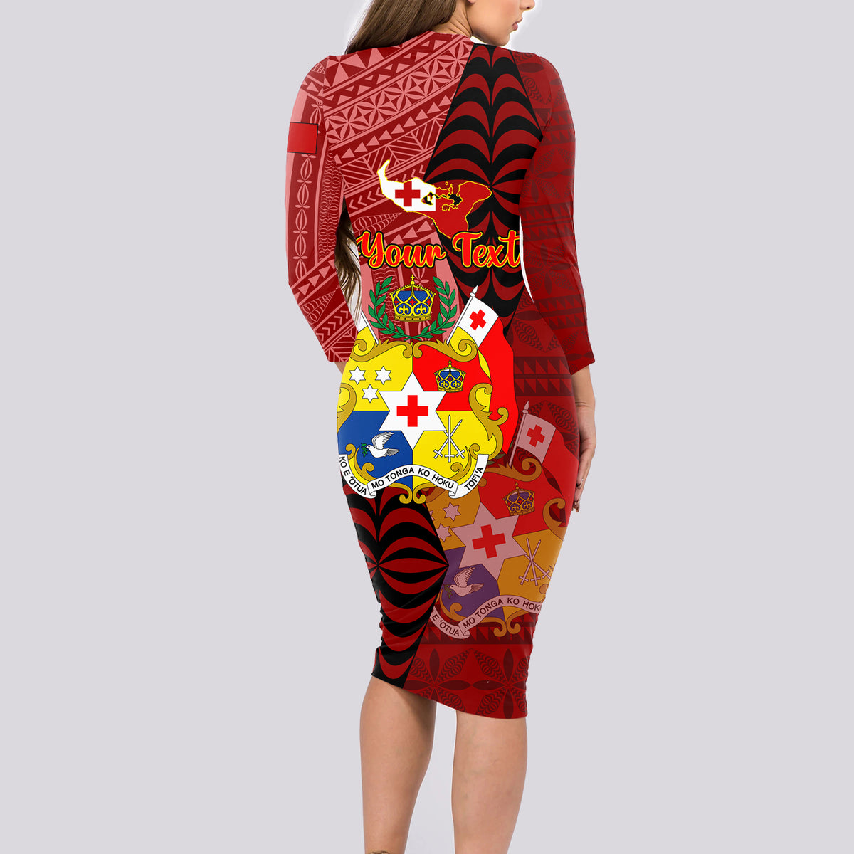 Personalized Tonga Long Sleeve Bodycon Dress Coat Of Arms Tongatapu With Ngatu Pattern LT05 - Polynesian Pride