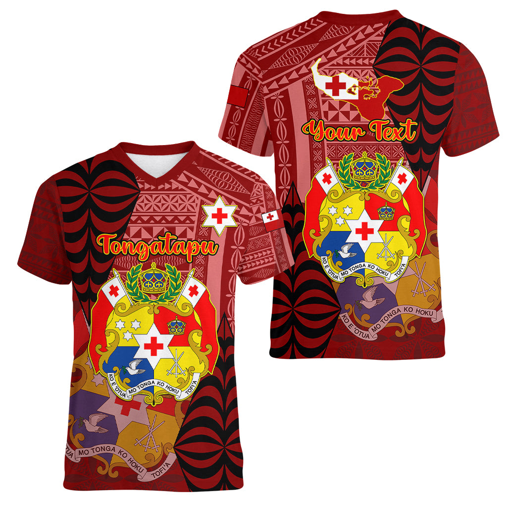 Personalized Tonga Women V Neck T Shirt Coat Of Arms Tongatapu With Ngatu Pattern LT05 - Polynesian Pride