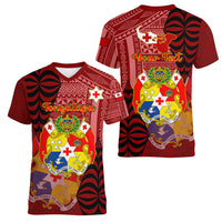 Personalized Tonga Women V Neck T Shirt Coat Of Arms Tongatapu With Ngatu Pattern LT05 - Polynesian Pride