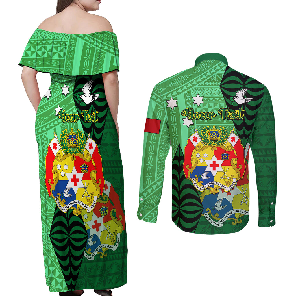 Personalized Tonga Couples Matching Off Shoulder Maxi Dress and Long Sleeve Button Shirts Coat Of Arms Haapai With Ngatu Pattern LT05 - Polynesian Pride