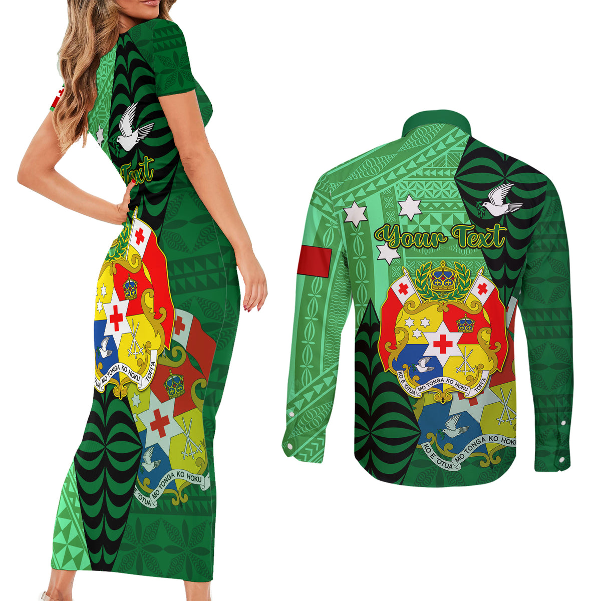 Personalized Tonga Couples Matching Short Sleeve Bodycon Dress and Long Sleeve Button Shirts Coat Of Arms Haapai With Ngatu Pattern LT05 - Polynesian Pride