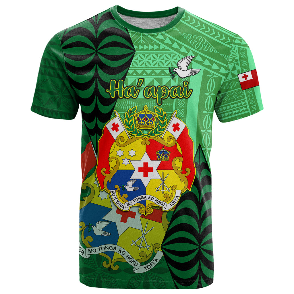 Personalized Tonga T Shirt Coat Of Arms Haapai With Ngatu Pattern LT05 Green - Polynesian Pride