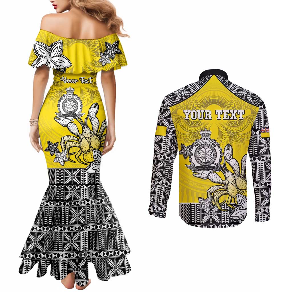 Personalised Happy Niue Constitution Day Couples Matching Mermaid Dress and Long Sleeve Button Shirt Niuean Crab Hiapo Pattern Yellow Version