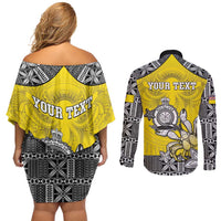 Personalised Happy Niue Constitution Day Couples Matching Off Shoulder Short Dress and Long Sleeve Button Shirt Niuean Crab Hiapo Pattern Yellow Version