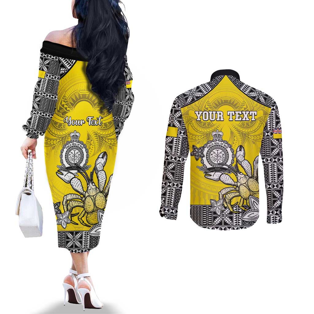 Personalised Happy Niue Constitution Day Couples Matching Off The Shoulder Long Sleeve Dress and Long Sleeve Button Shirt Niuean Crab Hiapo Pattern Yellow Version