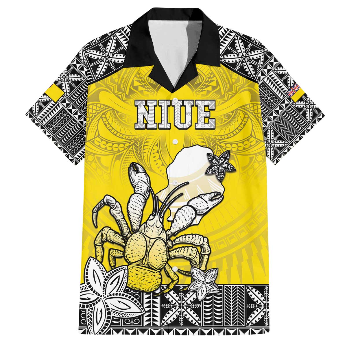 Personalised Happy Niue Constitution Day Family Matching Off The Shoulder Long Sleeve Dress and Hawaiian Shirt Niuean Crab Hiapo Pattern Yellow Version