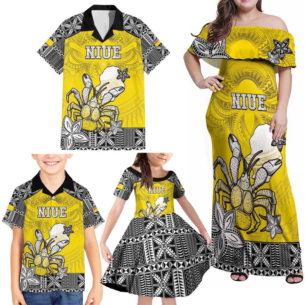 Personalised Happy Niue Constitution Day Family Matching Off Shoulder Maxi Dress and Hawaiian Shirt Niuean Crab Hiapo Pattern Yellow Version