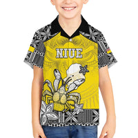 Personalised Happy Niue Constitution Day Family Matching Summer Maxi Dress and Hawaiian Shirt Niuean Crab Hiapo Pattern Yellow Version