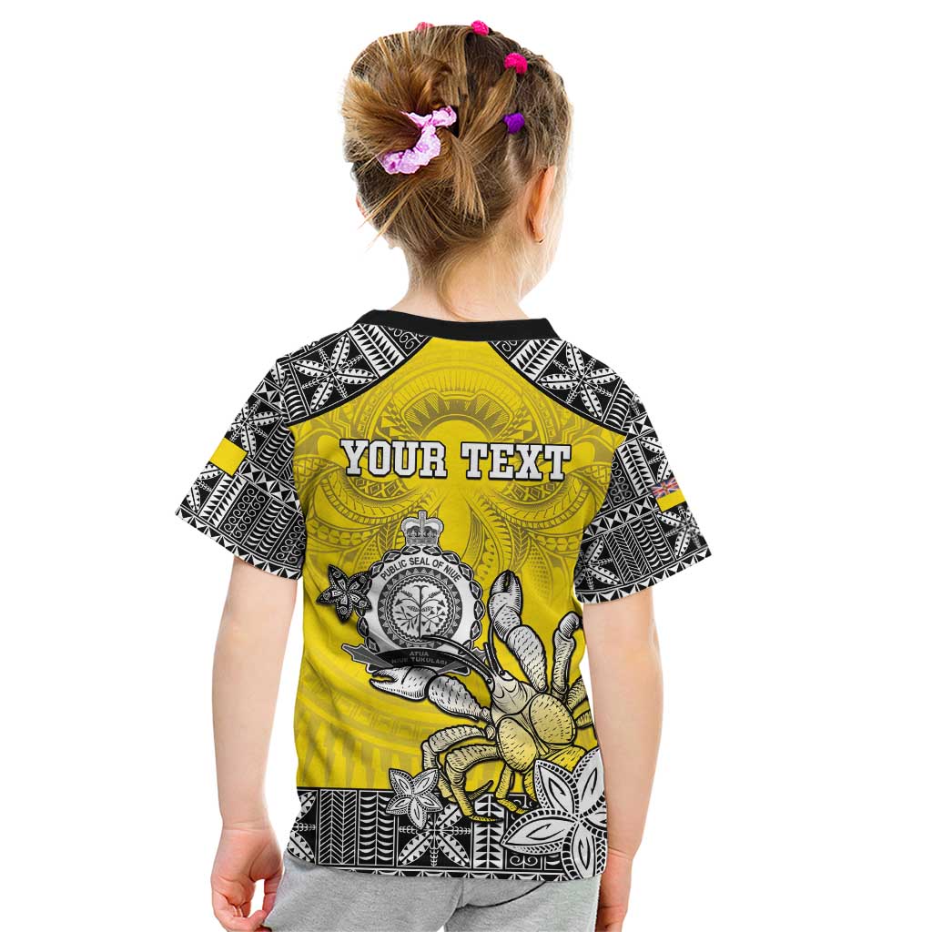 Personalised Happy Niue Constitution Day Kid T Shirt Niuean Crab Hiapo Pattern Yellow Version LT05 - Polynesian Pride