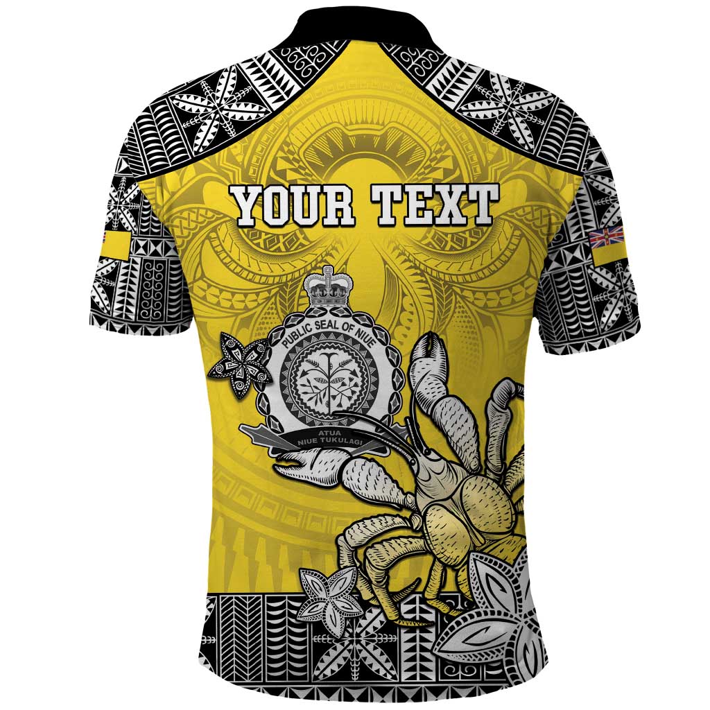 Personalised Happy Niue Constitution Day Polo Shirt Niuean Crab Hiapo Pattern Yellow Version
