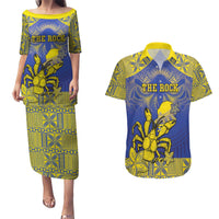 Personalised Niue The Rock Couples Matching Puletasi and Hawaiian Shirt Niuean Crab Hiapo Pattern Blue Version LT05 Blue - Polynesian Pride