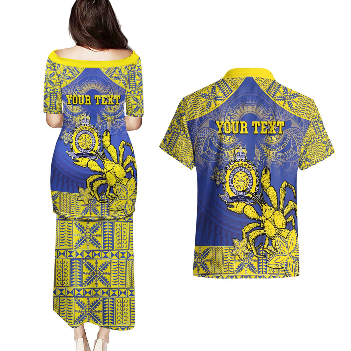 Personalised Niue The Rock Couples Matching Puletasi and Hawaiian Shirt Niuean Crab Hiapo Pattern Blue Version LT05 - Polynesian Pride