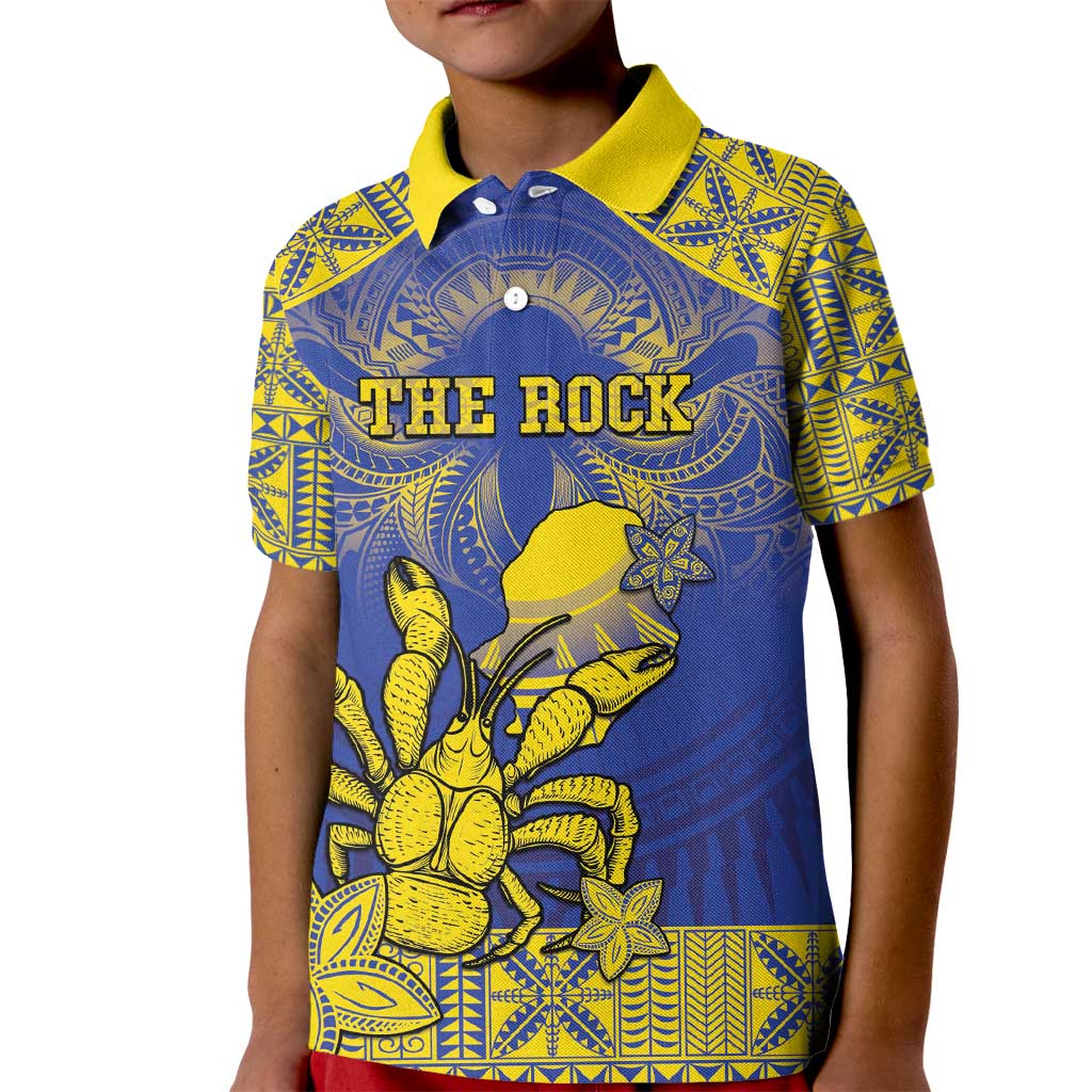 Personalised Niue The Rock Kid Polo Shirt Niuean Crab Hiapo Pattern Blue Version LT05 Kid Blue - Polynesian Pride