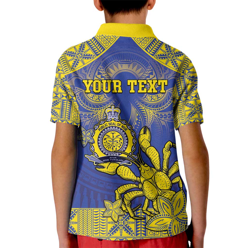 Personalised Niue The Rock Kid Polo Shirt Niuean Crab Hiapo Pattern Blue Version LT05 - Polynesian Pride