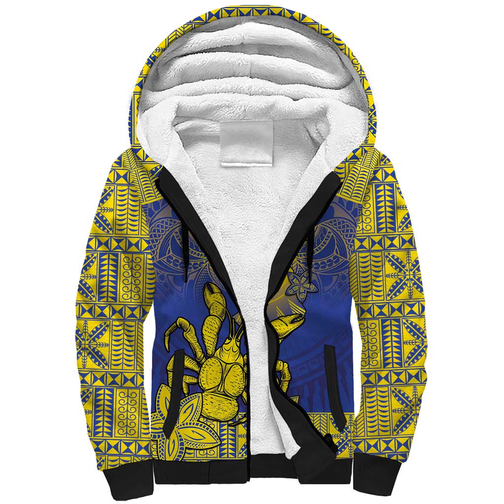 Personalised Niue The Rock Sherpa Hoodie Niuean Crab Hiapo Pattern Blue Version LT05 Unisex Blue - Polynesian Pride