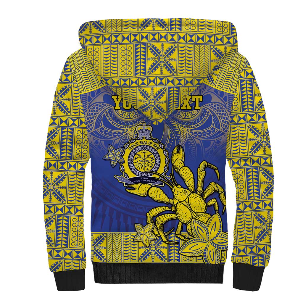 Personalised Niue The Rock Sherpa Hoodie Niuean Crab Hiapo Pattern Blue Version LT05 - Polynesian Pride