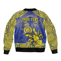 Personalised Niue The Rock Sleeve Zip Bomber Jacket Niuean Crab Hiapo Pattern Blue Version