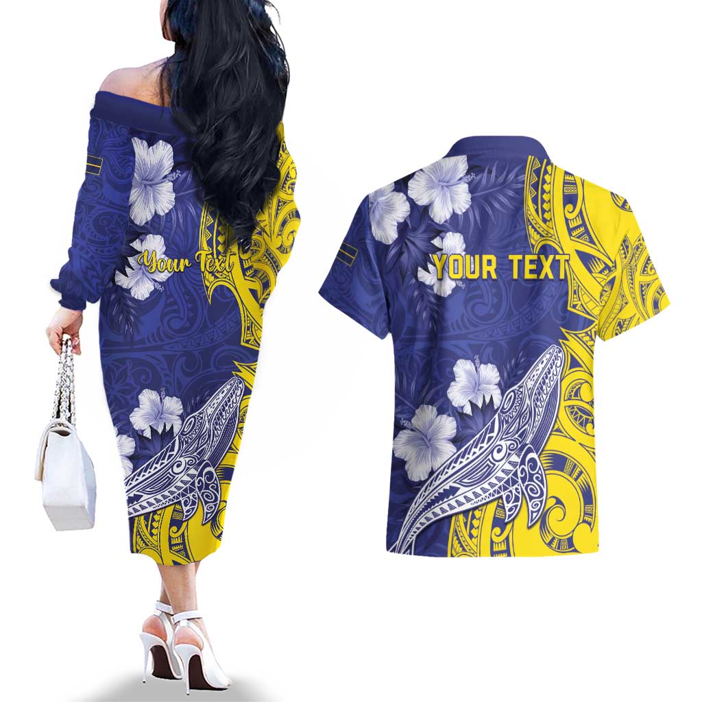 Personalised Nauru 92nd Anniversary Of Angam Couples Matching Off The Shoulder Long Sleeve Dress and Hawaiian Shirt Polynesian Whale Pattern