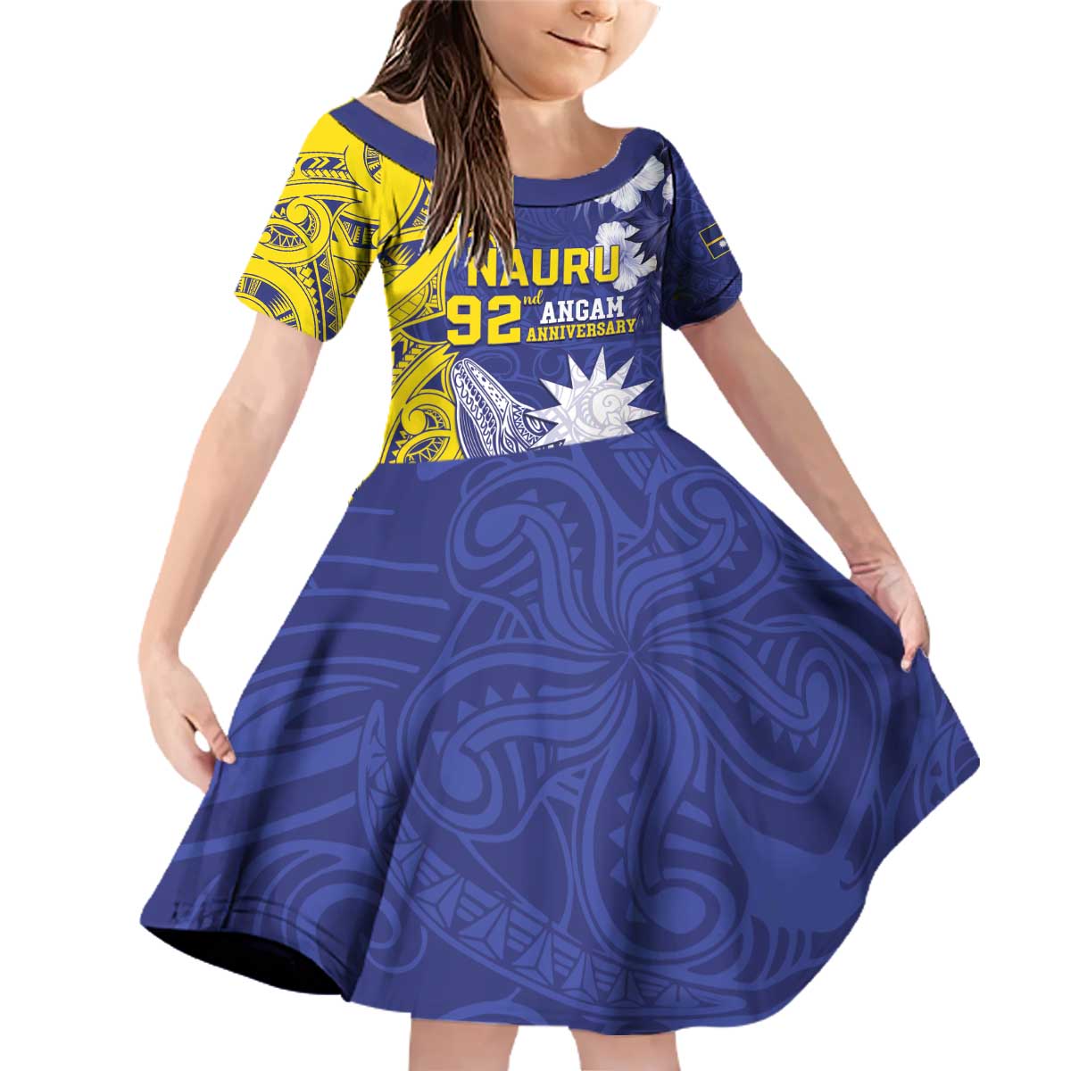 Personalised Nauru 92nd Anniversary Of Angam Family Matching Off Shoulder Short Dress and Hawaiian Shirt Polynesian Whale Pattern