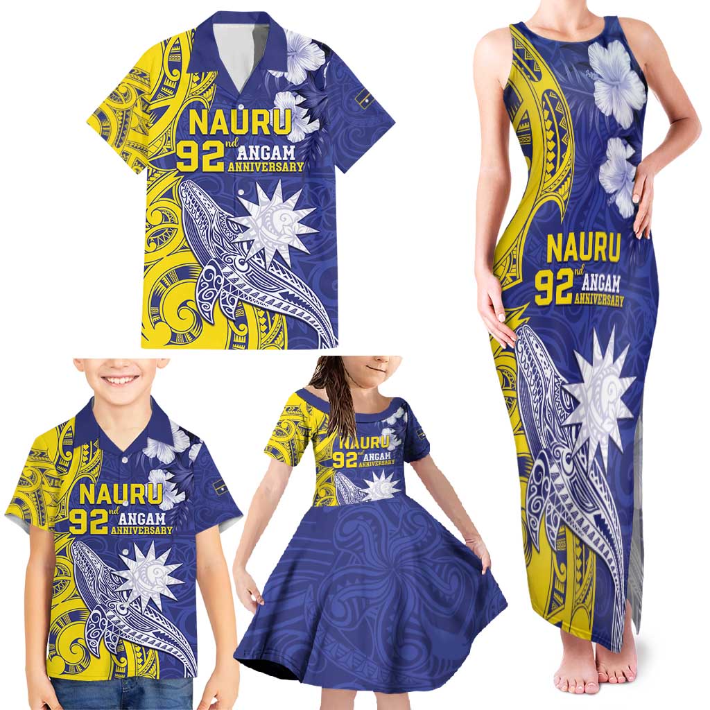 Personalised Nauru 92nd Anniversary Of Angam Family Matching Tank Maxi Dress and Hawaiian Shirt Polynesian Whale Pattern