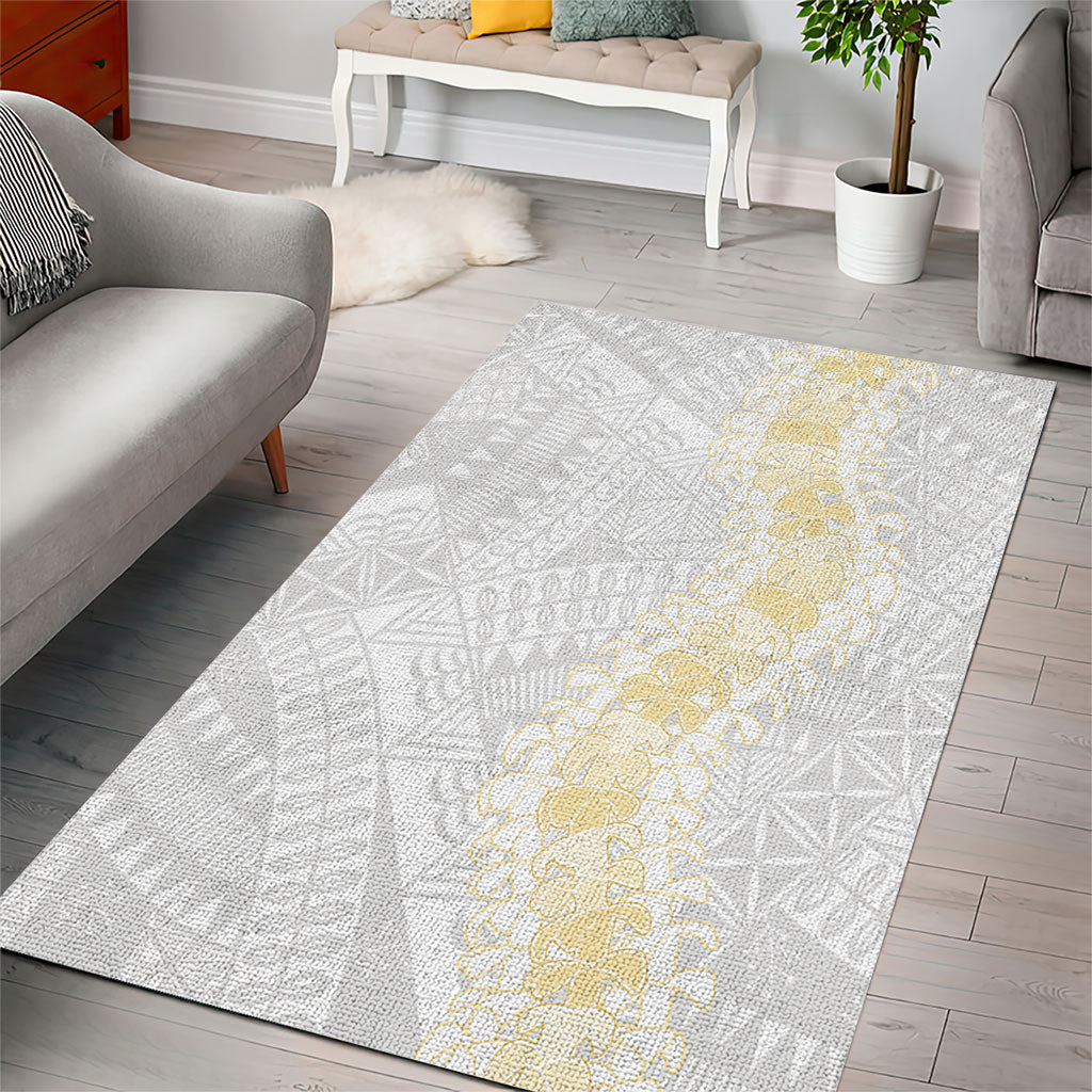 Niue White Sunday Area Rug Niuean Hiapo With Puakenikeni Lei