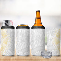 Niue White Sunday 4 in 1 Can Cooler Tumbler Niuean Hiapo With Puakenikeni Lei