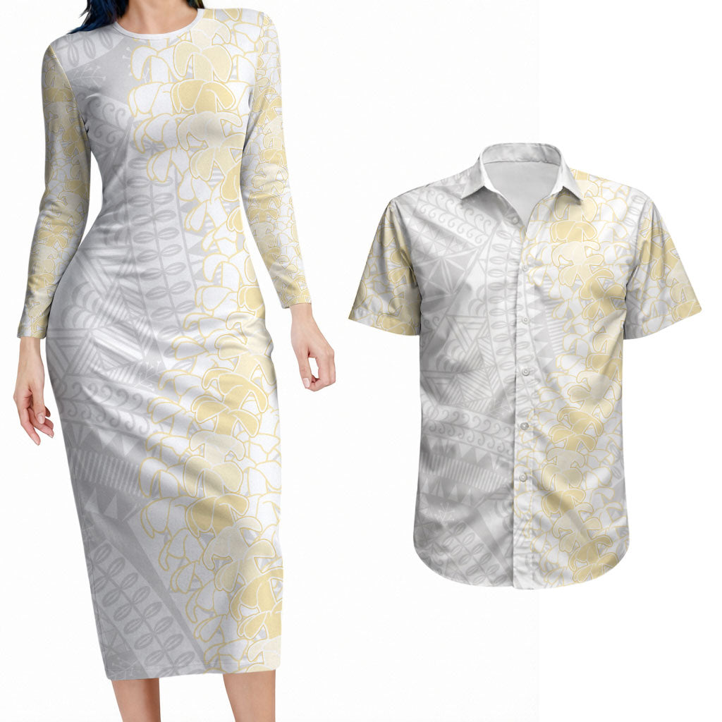 Niue White Sunday Couples Matching Long Sleeve Bodycon Dress and Hawaiian Shirt Niuean Hiapo With Puakenikeni Lei LT05 White - Polynesian Pride