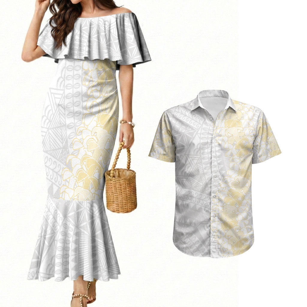 Niue White Sunday Couples Matching Mermaid Dress and Hawaiian Shirt Niuean Hiapo With Puakenikeni Lei LT05 White - Polynesian Pride
