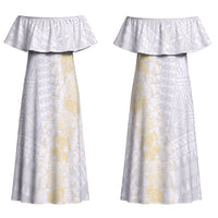Niue White Sunday Couples Matching Off Shoulder Maxi Dress and Long Sleeve Button Shirt Niuean Hiapo With Puakenikeni Lei