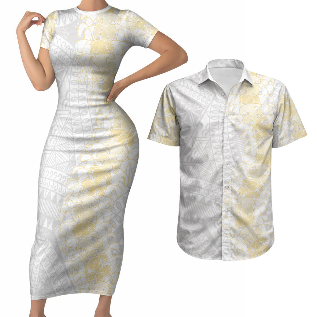 Niue White Sunday Couples Matching Short Sleeve Bodycon Dress and Hawaiian Shirt Niuean Hiapo With Puakenikeni Lei