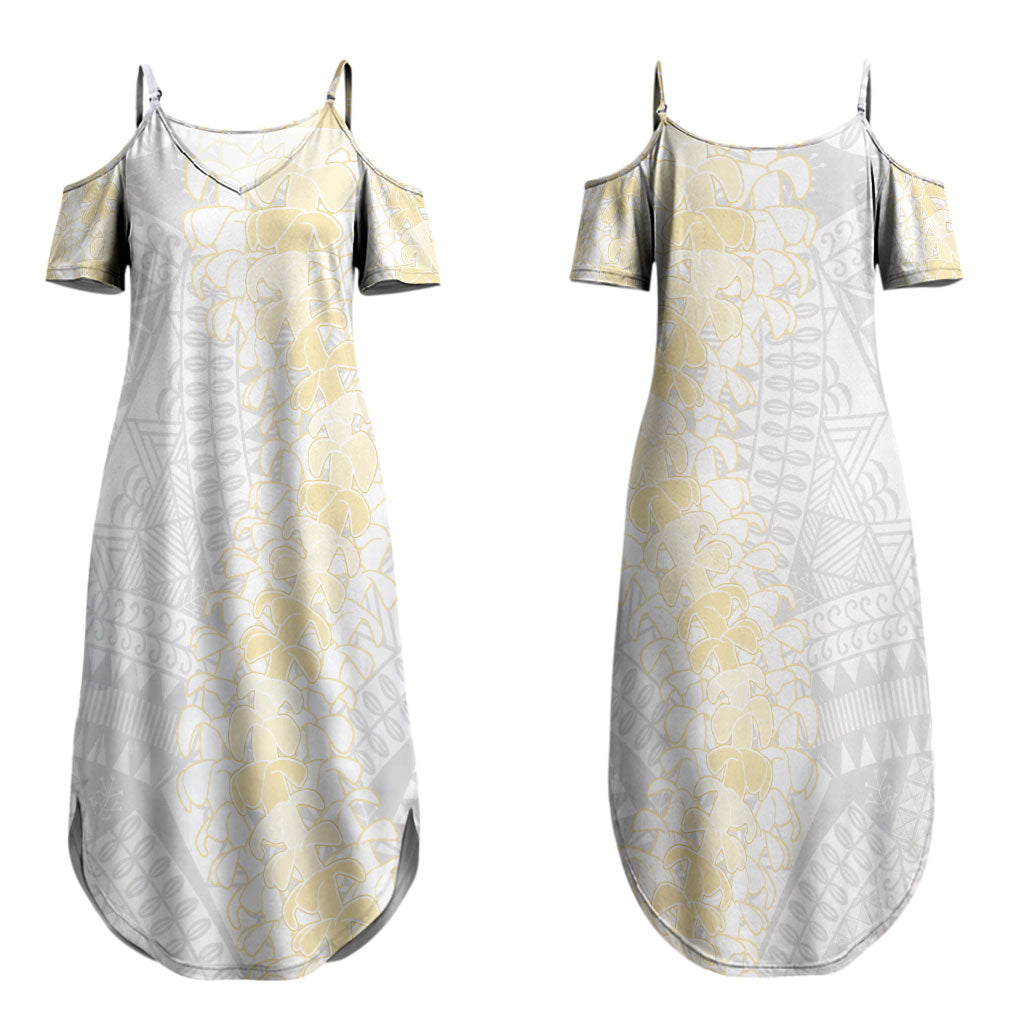 Niue White Sunday Couples Matching Summer Maxi Dress and Long Sleeve Button Shirt Niuean Hiapo With Puakenikeni Lei