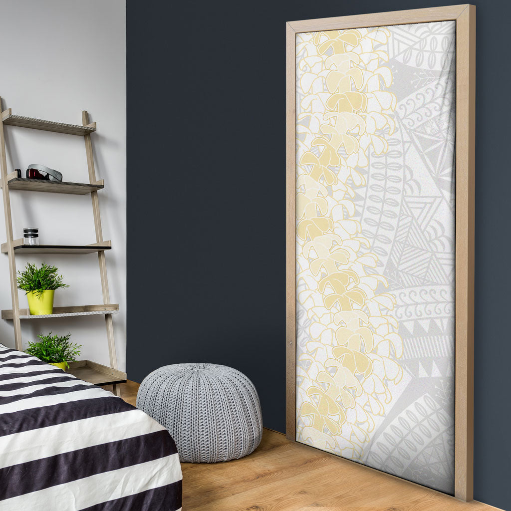 Niue White Sunday Door Cover Niuean Hiapo With Puakenikeni Lei