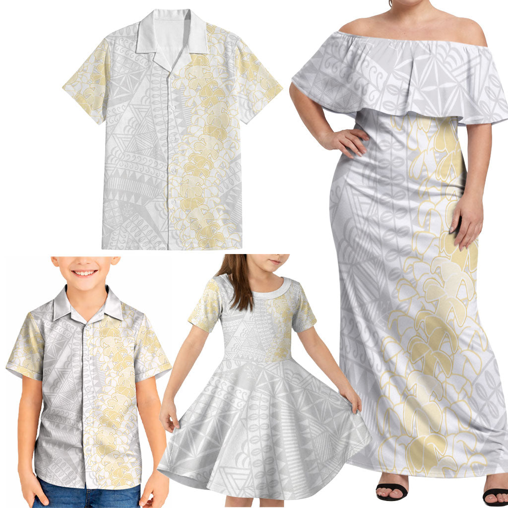 Niue White Sunday Family Matching Off Shoulder Maxi Dress and Hawaiian Shirt Niuean Hiapo With Puakenikeni Lei LT05 - Polynesian Pride
