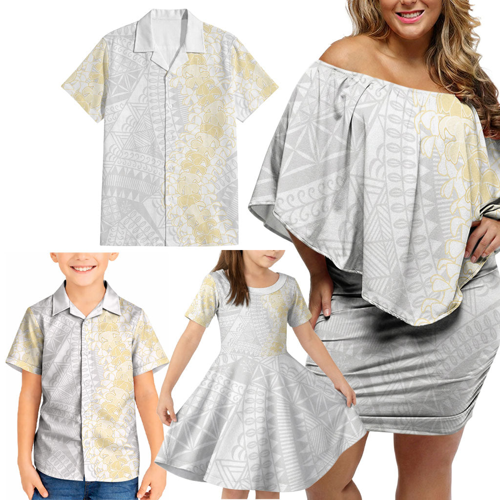 Niue White Sunday Family Matching Off Shoulder Short Dress and Hawaiian Shirt Niuean Hiapo With Puakenikeni Lei LT05 - Polynesian Pride