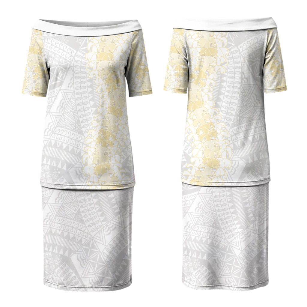 Niue White Sunday Family Matching Puletasi and Hawaiian Shirt Niuean Hiapo With Puakenikeni Lei