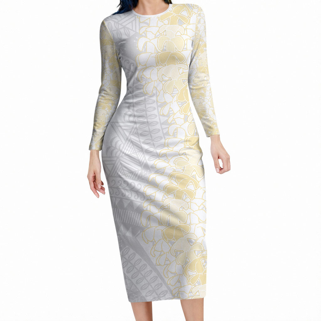 Niue White Sunday Long Sleeve Bodycon Dress Niuean Hiapo With Puakenikeni Lei LT05 Long Dress White - Polynesian Pride